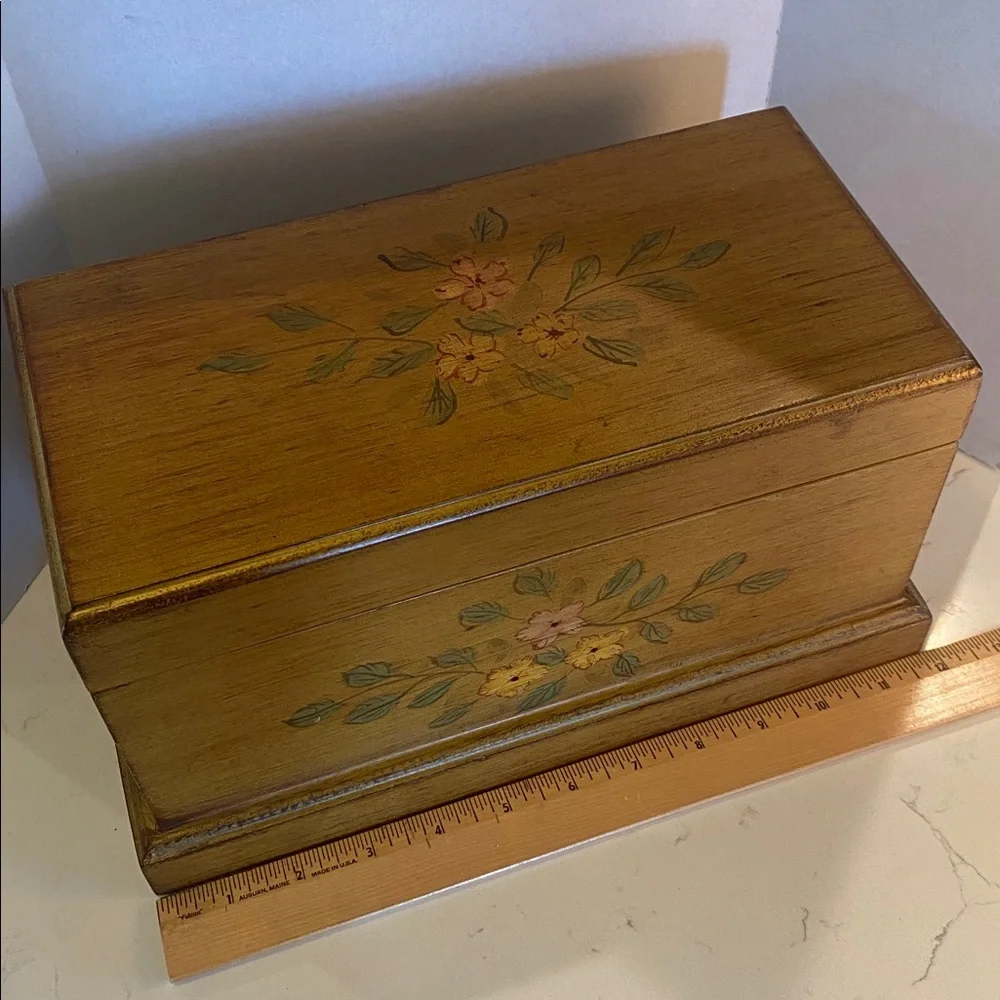 Gold Vintage Large Wood Hand Painted Floral Art Jewelry Stationary Trinket Box
